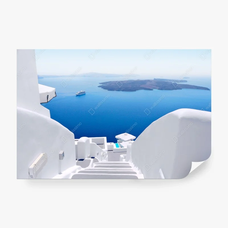Carta da parati scalinata bianca su Santorini con vista sul mare