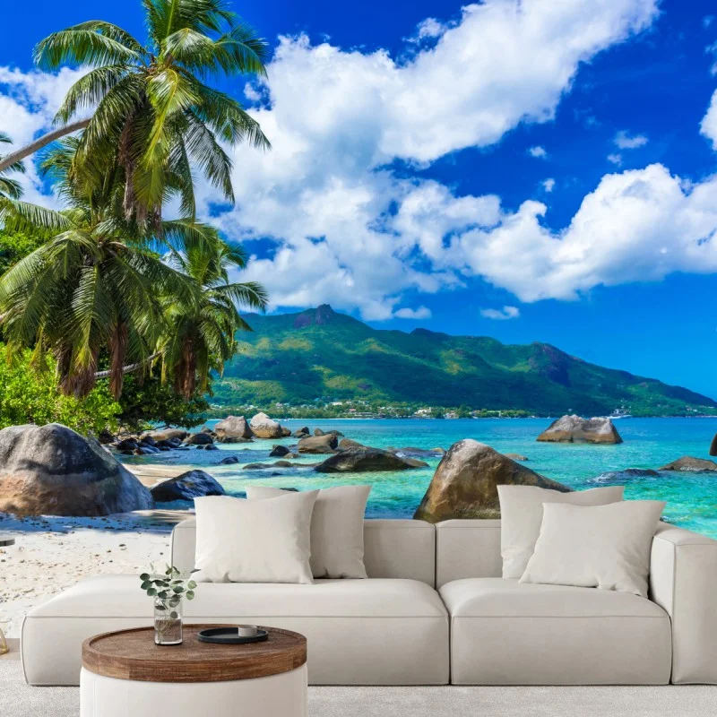 Carta da parati vista tropicale a Baie Beau Vallon, Mahe
