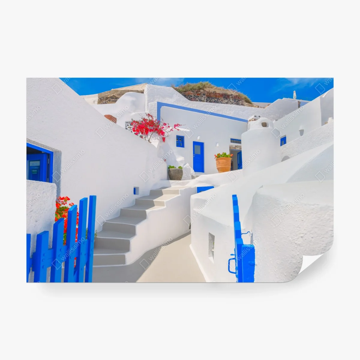 Carta da parati panorama di case bianche e porte blu a Santorini • Wallissimo®