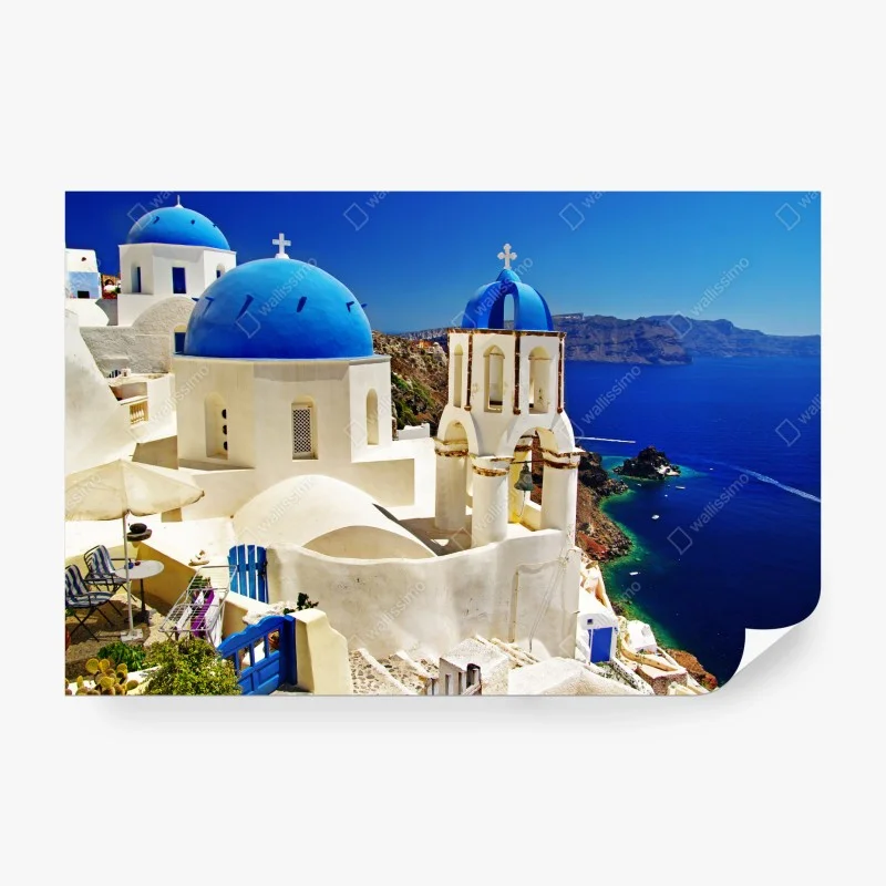 Carta da parati cupole blu di Santorini sul mare