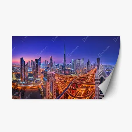 Adesivo riposizionabile panorama notturno di Dubai: skyline moderno e dinamico • Wallissimo®