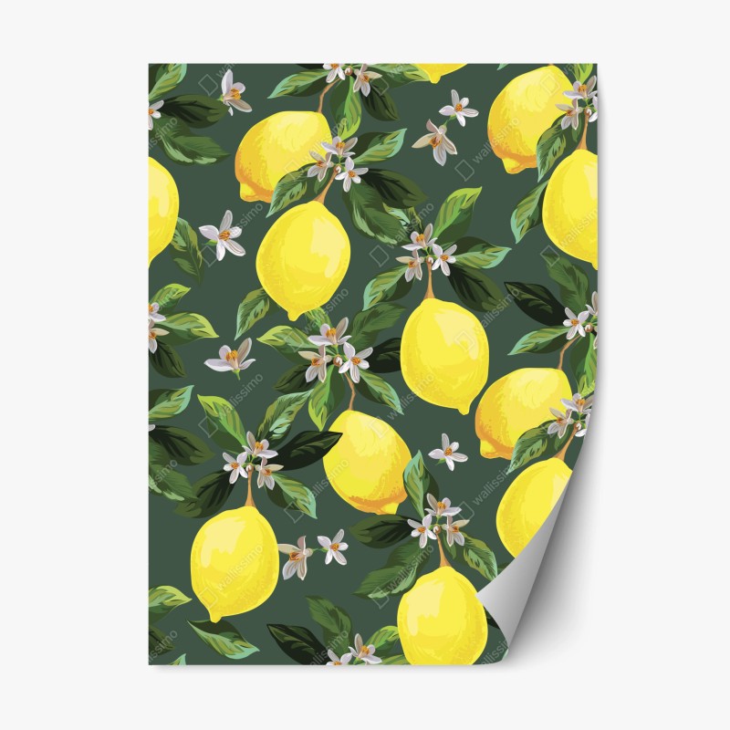 Adesivo riposizionabile stampa limoni e fiori su sfondo verde scuro