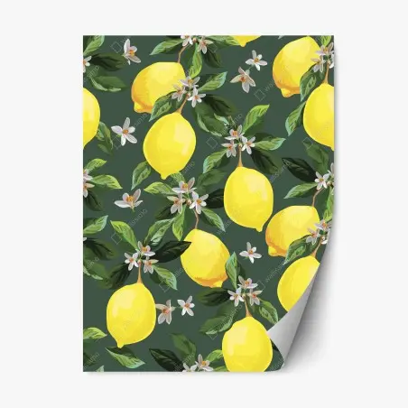 Adesivo riposizionabile stampa limoni e fiori su sfondo verde scuro • Wallissimo®