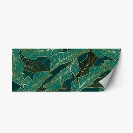 Adesivo riposizionabile foglie tropicali dorate su sfondo verde smeraldo • Wallissimo®