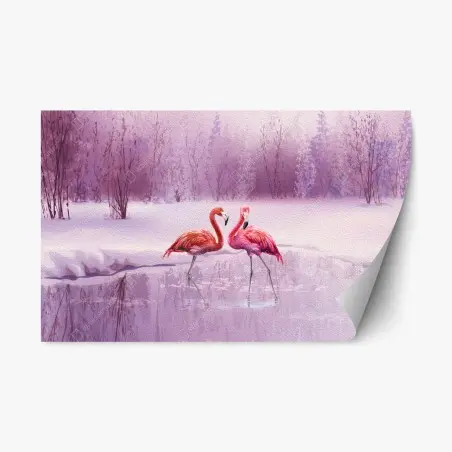 Adesivo riposizionabile fenicotteri rosa in paesaggio invernale onirico • Wallissimo®