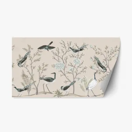 Adesivo riposizionabile motivo botanico con uccelli in stile vintage • Wallissimo®