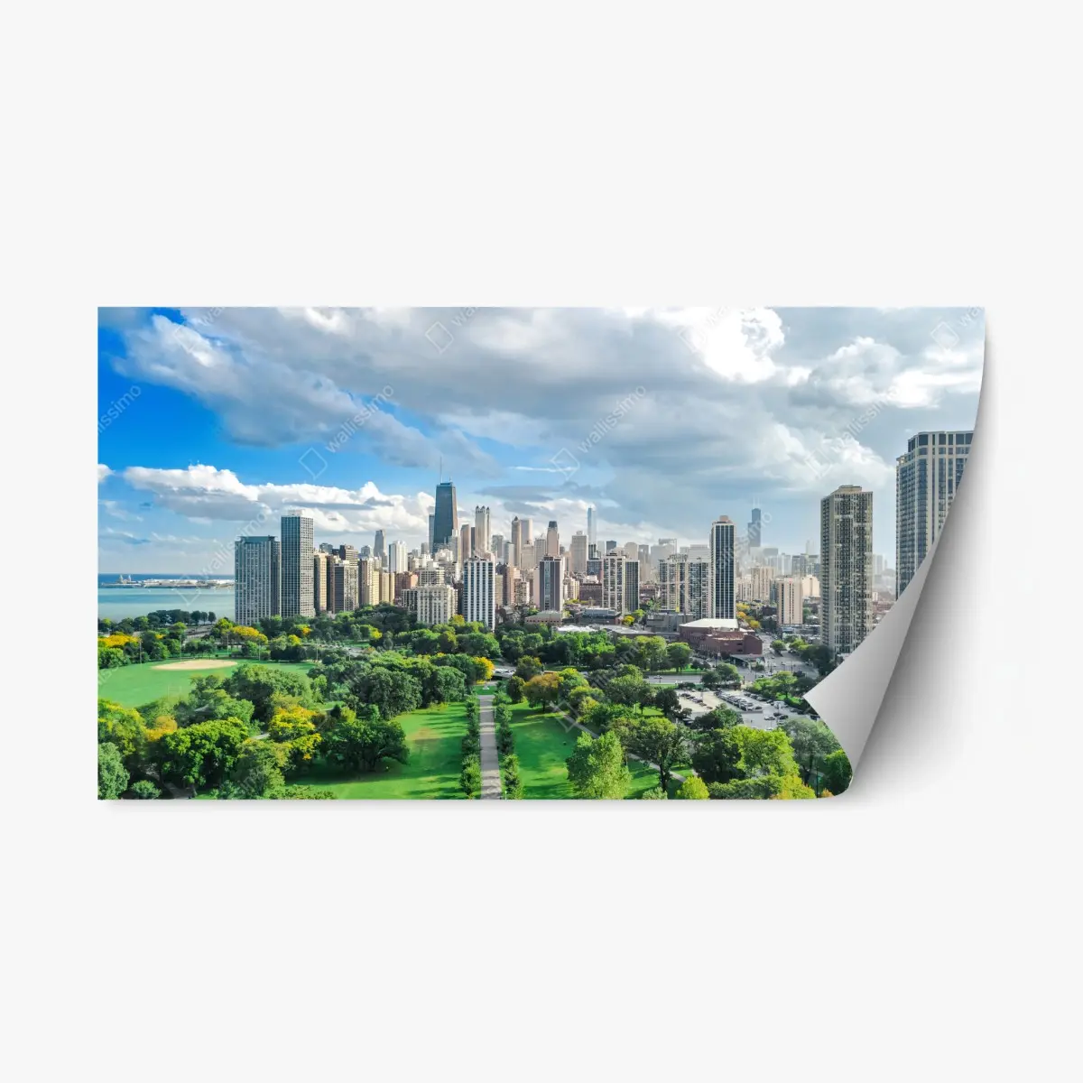 Adesivo riposizionabile panoramica urbana di Chicago con parco e lago • Wallissimo®