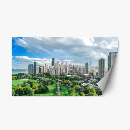 Adesivo riposizionabile panoramica urbana di Chicago con parco e lago • Wallissimo®