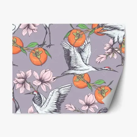 Adesivo riposizionabile motivo elegante con gru, cachi e magnolie su sfondo lilla • Wallissimo®