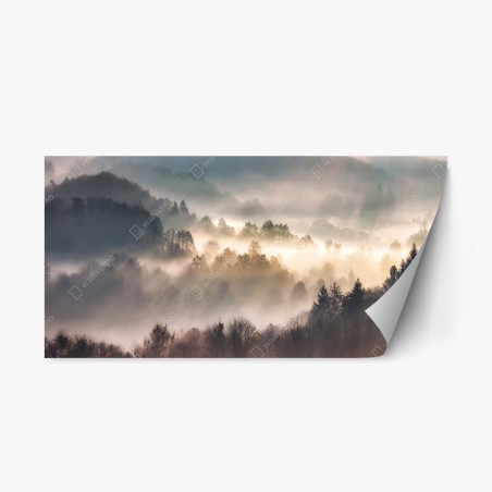 Adesivo riposizionabile nebbia d'oro sulla foresta • Wallissimo®