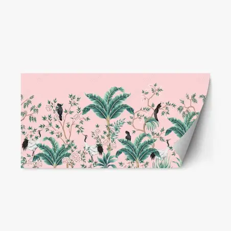 Adesivo riposizionabile giungla botanica e uccelli su sfondo rosa • Wallissimo®