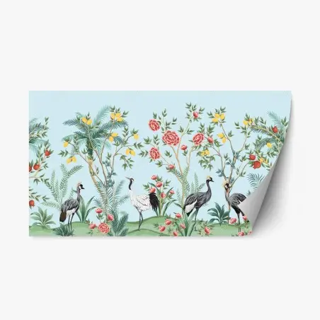 Adesivo riposizionabile giardino esotico con gru e fiori ornamentali • Wallissimo®