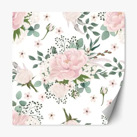 Adesivo riposizionabile bouquet di peonie rosa su sfondo bianco • Wallissimo®