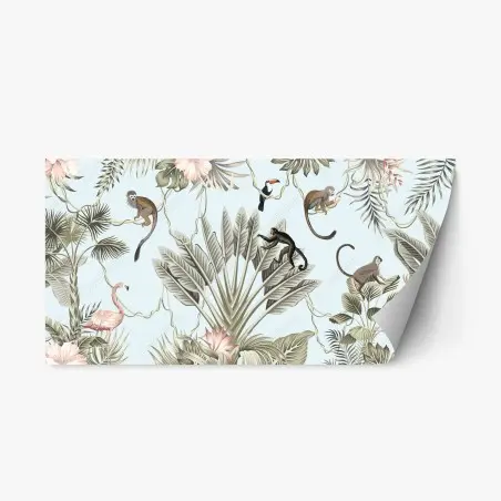 Adesivo riposizionabile paesaggio tropicale con fauna illustrata • Wallissimo®
