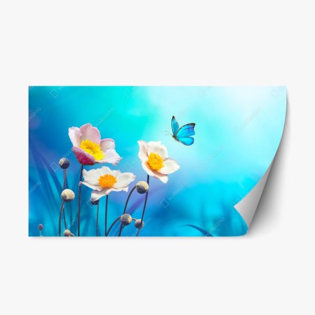 Adesivo riposizionabile anemoni rosa e farfalla blu su sfondo celeste • Wallissimo®