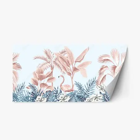 Adesivo riposizionabile scena tropicale rosa e azzurra con fenicottero • Wallissimo®