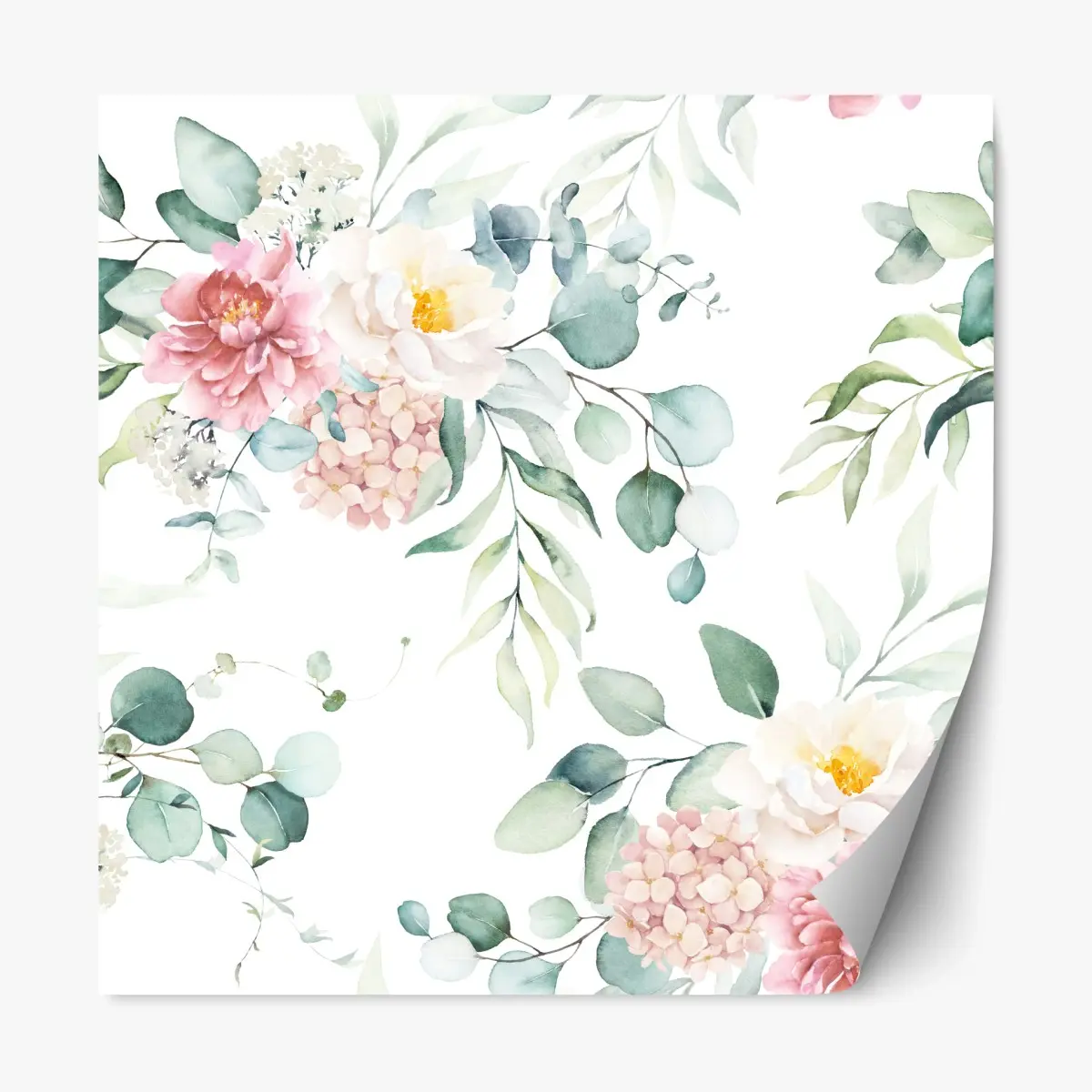 Adesivo riposizionabile motivo floreale acquerellato con peonie e foglie di eucalipto • Wallissimo®