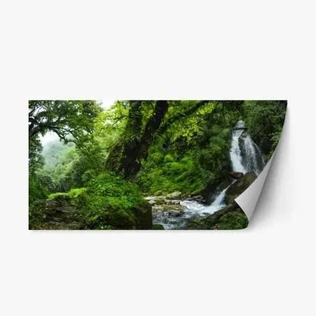 Adesivo riposizionabile angolo verde: cascata nella foresta • Wallissimo®