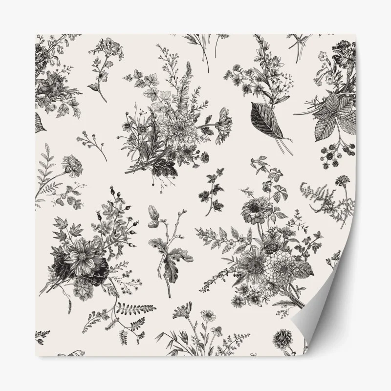 Adesivo riposizionabile motivo botanico vintage in bianco e nero
