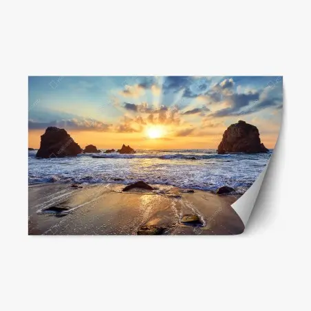 Adesivo riposizionabile tramonto dorato sulla costa rocciosa • Wallissimo®
