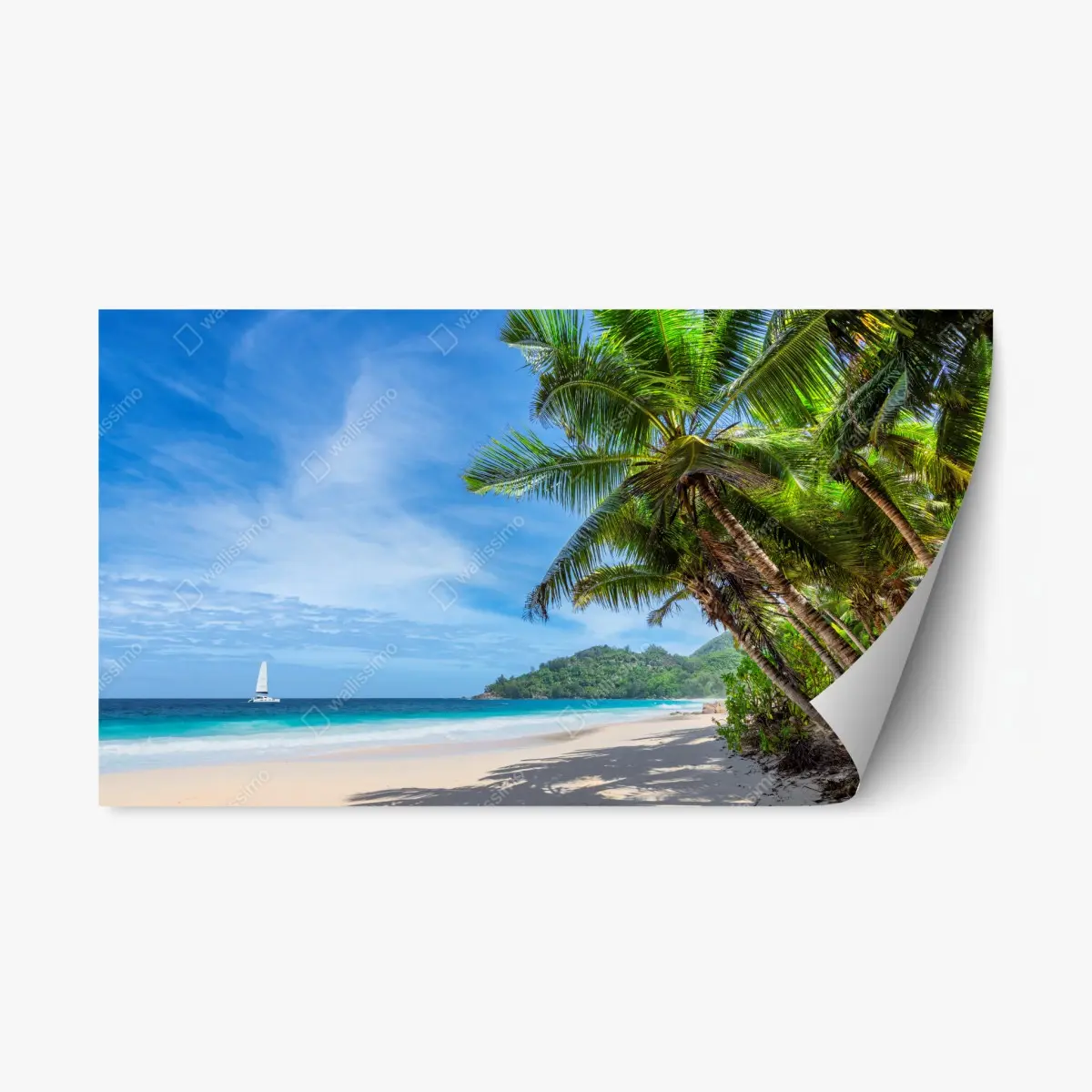 Adesivo riposizionabile oasi tropicale con palme e mare turchese • Wallissimo®
