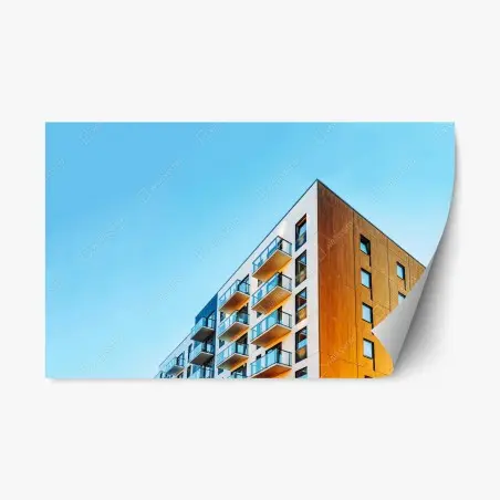 Adesivo riposizionabile facciata moderna con balconi su cielo azzurro • Wallissimo®