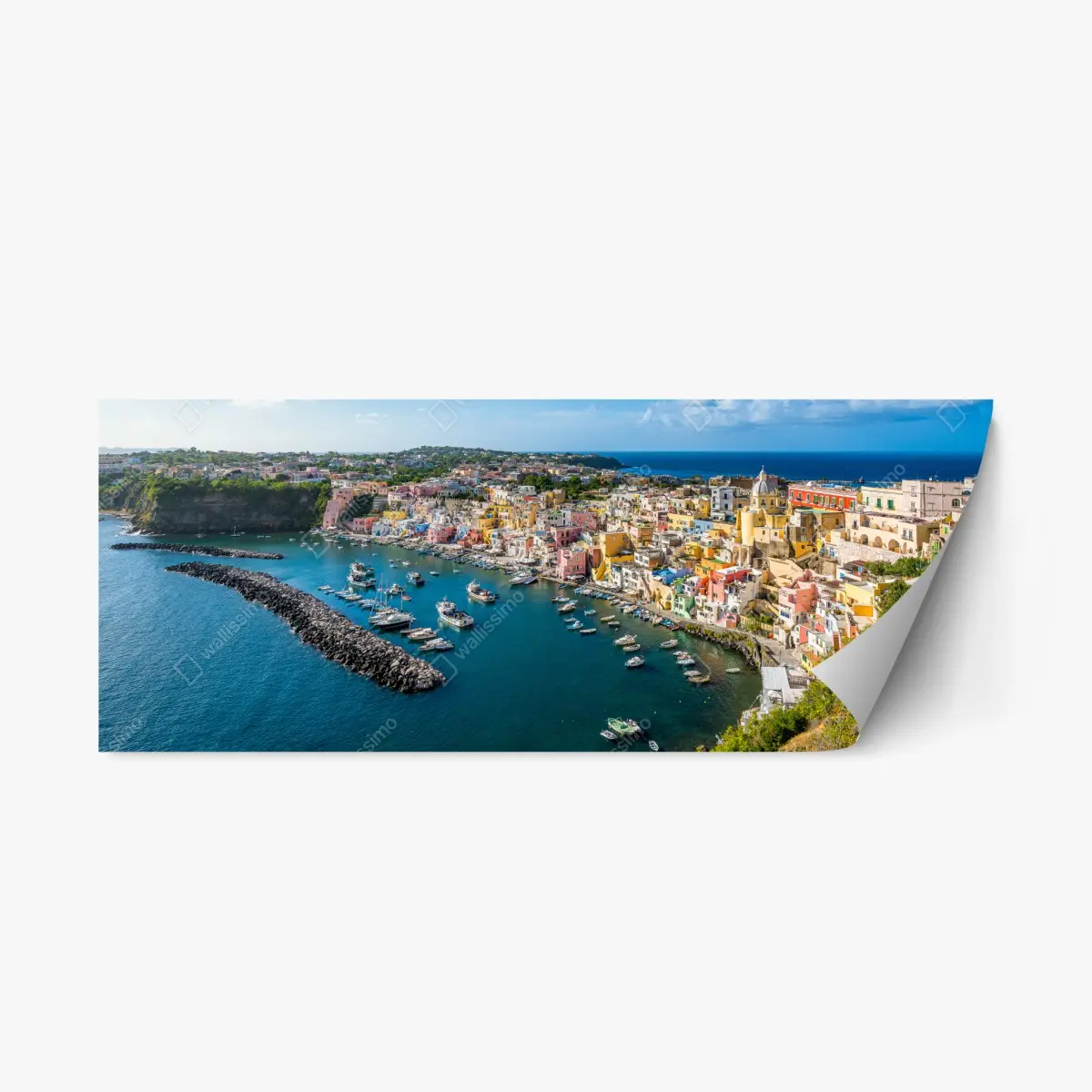 Adesivo riposizionabile panorama costiero dalle case colorate • Wallissimo®