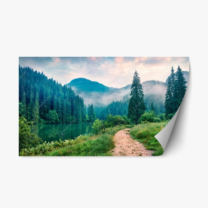 Adesivo riposizionabile mattina nebbiosa al lago tra le montagne