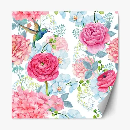 Adesivo riposizionabile motivo floreale acquerellato con colibrì • Wallissimo®