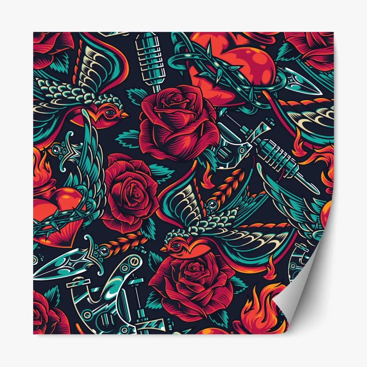 Adesivo riposizionabile motivo tattoo retrò con rose e rondini • Wallissimo®