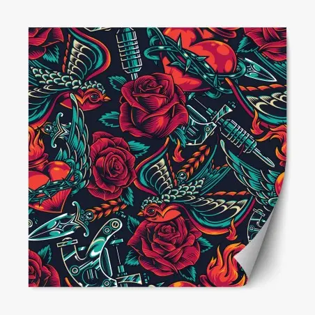Adesivo riposizionabile motivo tattoo retrò con rose e rondini • Wallissimo®