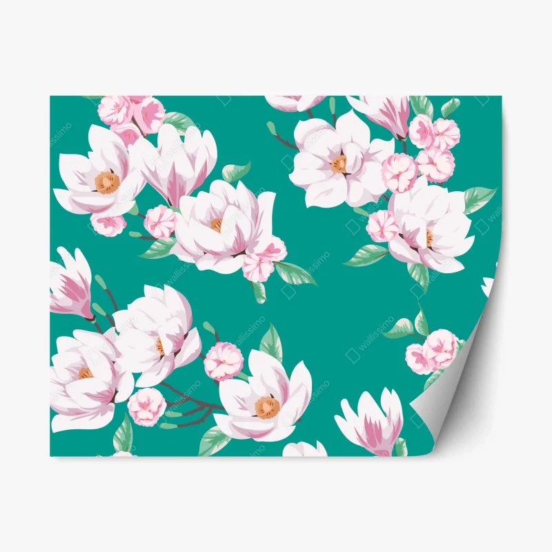 Adesivo riposizionabile magnolie delicate su sfondo turchese