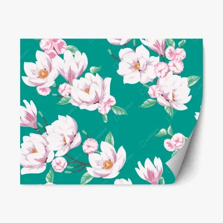 Adesivo riposizionabile magnolie delicate su sfondo turchese • Wallissimo®