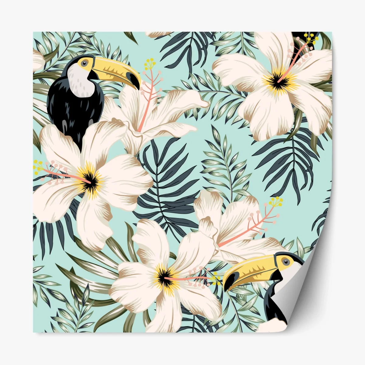 Adesivo riposizionabile tropicale: tucani e fiori su sfondo verde menta • Wallissimo® Adesivo riposizionabile tropicale: tucani e fiori su sfondo verde menta • Wallissimo®