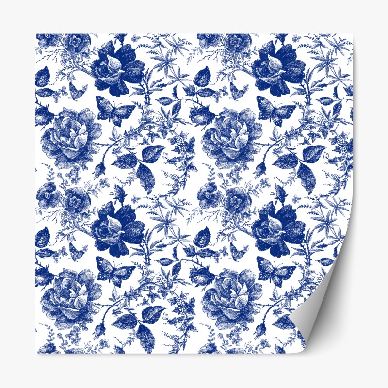 Adesivo riposizionabile motivo floreale blu in stile toile