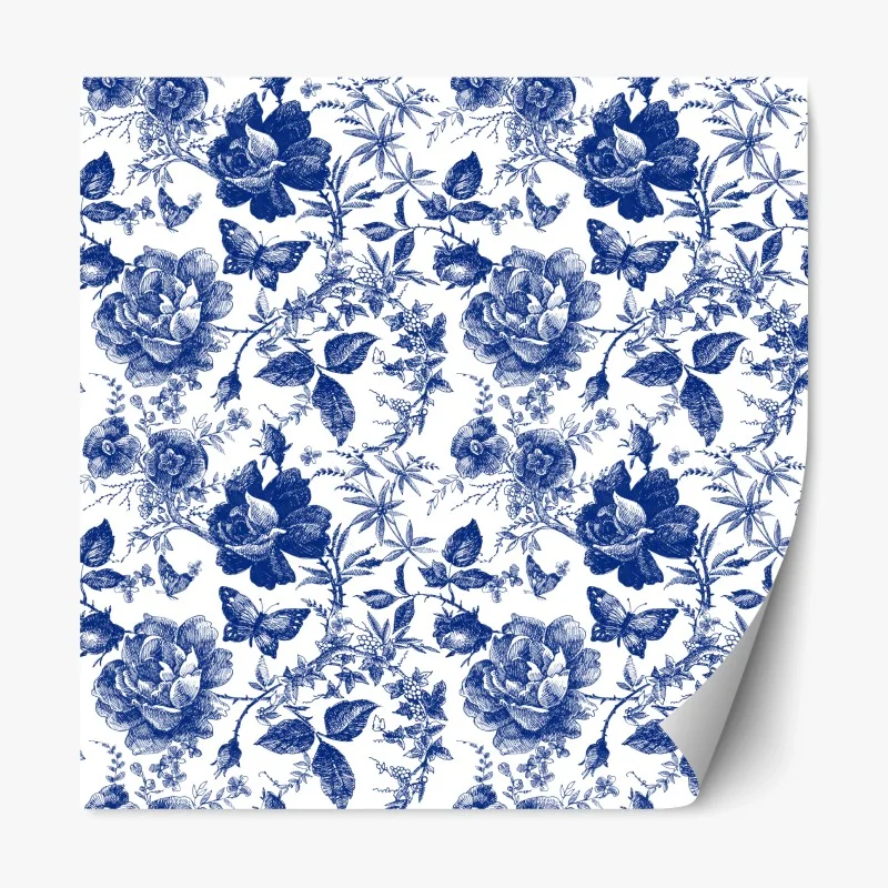Adesivo riposizionabile motivo floreale blu in stile toile • Wallissimo® Adesivo riposizionabile motivo floreale blu in stile toile • Wallissimo®