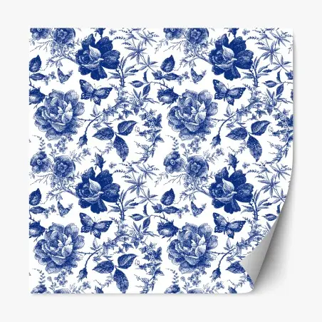 Adesivo riposizionabile motivo floreale blu in stile toile • Wallissimo®