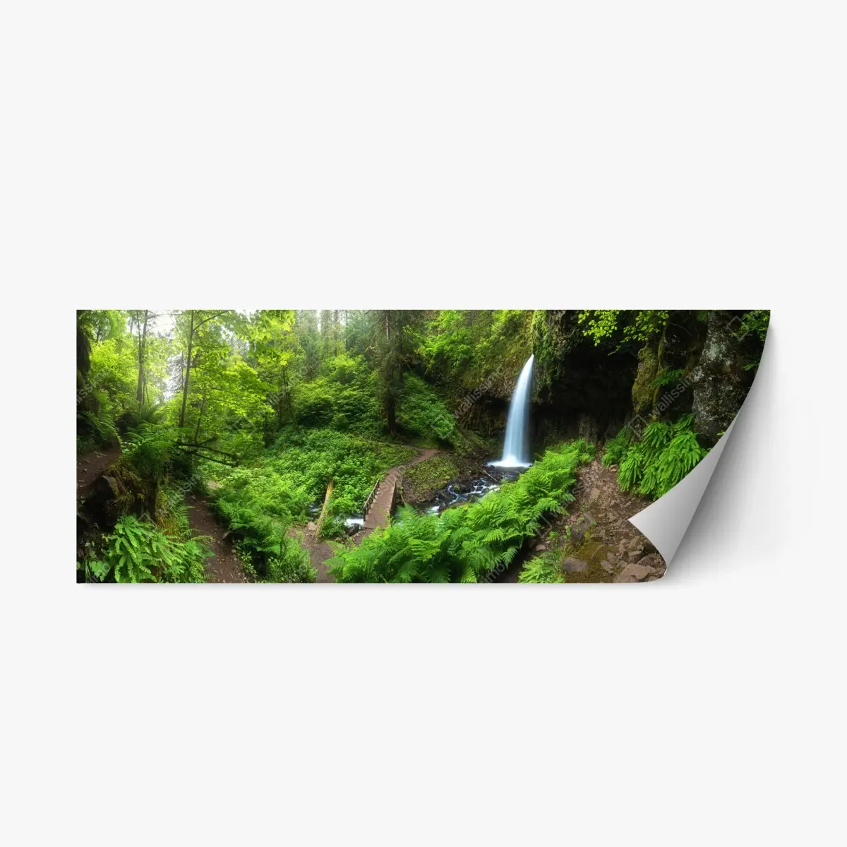Adesivo riposizionabile oasi verde con cascata e passerella • Wallissimo®