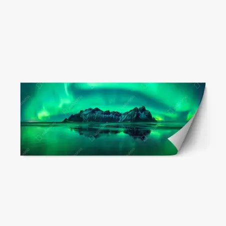 Adesivo riposizionabile aurora boreale su Vestrahorn sulla spiaggia nera di Stokksnes • Wallissimo®