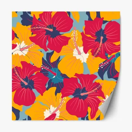 Adesivo riposizionabile motivo vintage tropicale di ibischi colorati • Wallissimo®