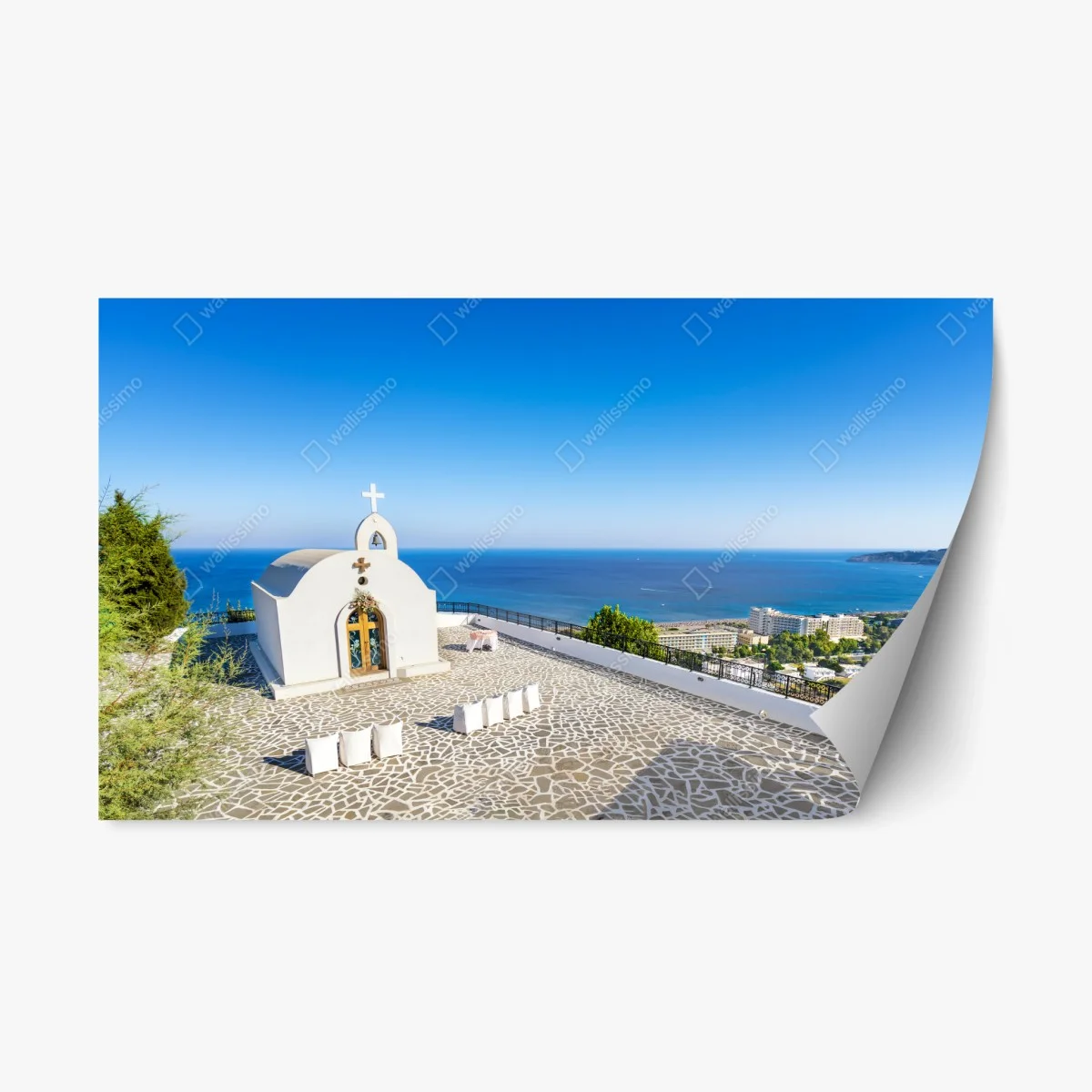 Adesivo riposizionabile cappella bianca con vista su Faliraki, Rodi • Wallissimo® Adesivo riposizionabile cappella bianca con vista su Faliraki, Rodi • Wallissimo®