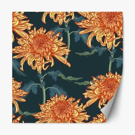 Adesivo riposizionabile elegante motivo di crisantemi arancioni su sfondo scuro • Wallissimo®