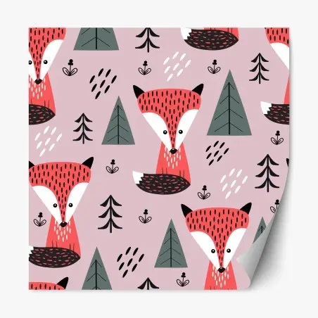 Adesivo riposizionabile motivo giocoso di volpi rosa e alberi • Wallissimo®