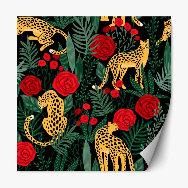 Adesivo riposizionabile felini maculati e rose su sfondo nero