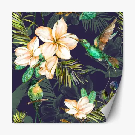 Adesivo riposizionabile motivo tropicale con colibrì e plumeria su sfondo scuro • Wallissimo®