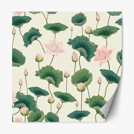 Adesivo riposizionabile motivo di fiori di loto rosa su sfondo crema • Wallissimo®