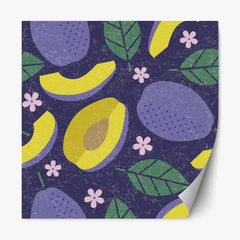 Adesivo riposizionabile motivo di prugne viola e gialle con texture vintage