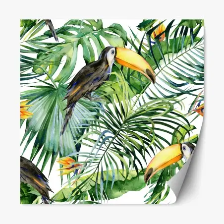 Adesivo riposizionabile tucani nella giungla tropicale acquerellata • Wallissimo®