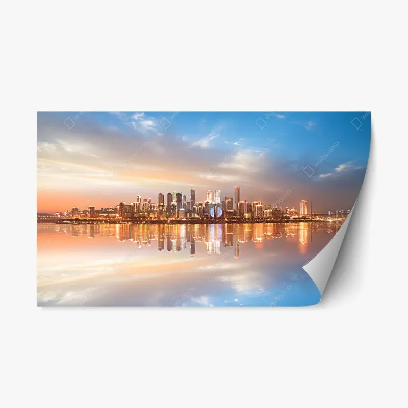 Adesivo riposizionabile panorama urbano al tramonto riflesso sull'acqua