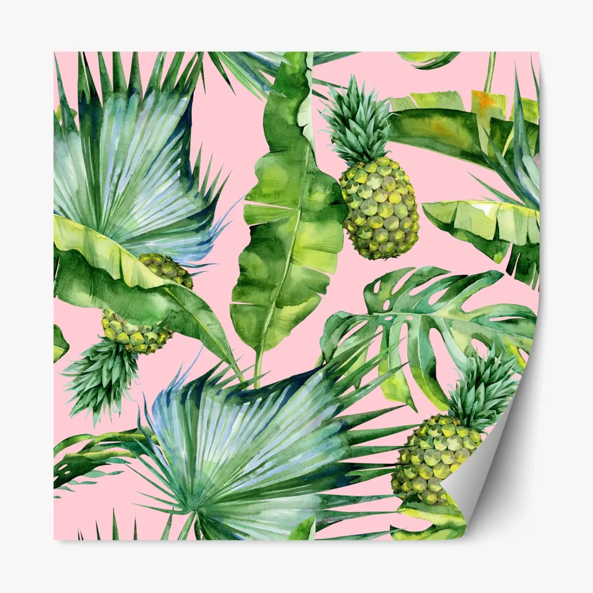 Adesivo riposizionabile motivo tropicale acquerello con ananas su sfondo rosa • Wallissimo®